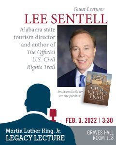 Headshot of Lee Sentell and cover of his book with info about the event