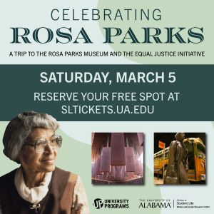 close-up portrait of Rosa Parks and two photos of the Rosa Parks musuem