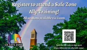 rainbow over top of Denny Chimes and treetops with Safe Zone elephant logo in lower left and QR code in lower right