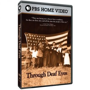 Cover of a video case that shows a picture of people using sign language while standing in front an American flag
