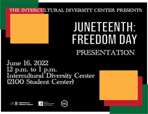 Juneteenth info in white on a black background with red, yellow and green color blocks in two of the corners