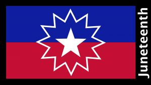 Flag with white star in middle, white starburst outline behind the star and red at bottom and blue at top